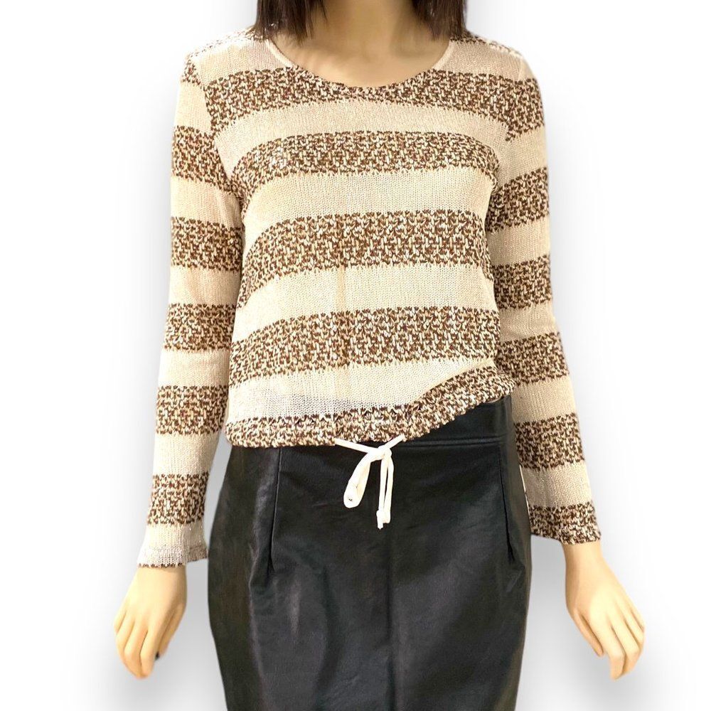 Metallic Ivory Tan Stripe Long Sleeve Lightweight Knit Top NEW